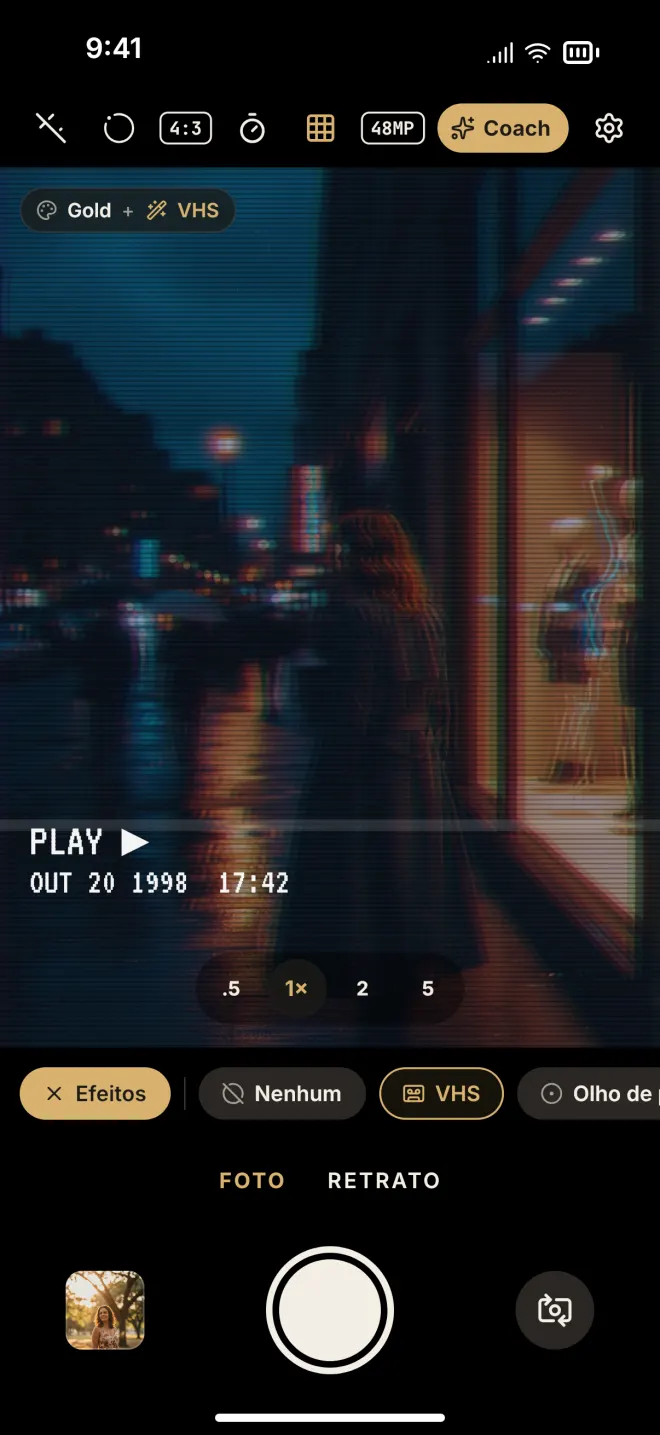 A câmera com o Look Gold e o Efeito VHS